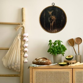 QZQE Vintage Farmhouse Moody Deer Round Wall Art Decor Framed, Dark Academia Cottagecore Circle Canvas Prints, Nature Forest Deer Circular Wall Hanging Decor for Home Bedroom Living Room, 10x10 Inch