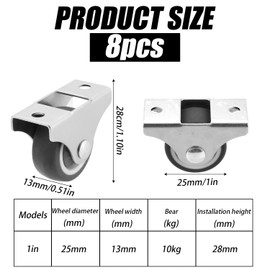 8pcs 1 Inch Low Profile Rolling Caster Wheels, Rubber Small Non Swivel Silent Ball Bearing Tiny Single Direction Furniture Wheels Mini Fixed Caster Wheels with Screws for Drawer Shelves Cabinets