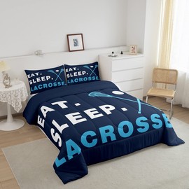 Feelyou Lacrosse Comforter Set Twin Size Boys Gilrs Ball Sports Bedding Set for Kids Adults Soft Lacrosse Player Games Comforter Navy Blue Duvet Set Room Decor Quilt Boys