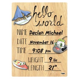 Cohas Hello World Newborn Baby Announcement Printed Wood Sign with Boat Theme, 5 by 7 Inches, Black Marker