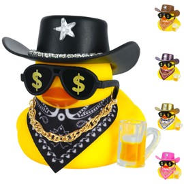 Jyeennar Car Rubber Duck with Black Cow-boy Hat Sunglasses Accessories for Jeep Ducking Car Dashboard Decoration Party Favors,Cool Duck with Beer Glasses,Paisley Bandanas,Necklace