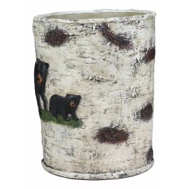 Ebros Rustic Black Bear in Pine Trees Forest Birch Finish Trash Waste Bin Decor