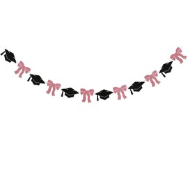 Pink Bow & Graduate Cap Garland - Coquette Graduation Decorations, Class of 2025 High School Graduate Decor Rose Gold Black Glitter