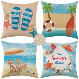 Mimkus Set of 4 Summer Beach Throw Pillow Covers 18x18 Starfish Palm Tree Seaside Scenery Decorative Pillowcase Outdoor Waterproof Cushion Cases for Couch Sofa Home Decor