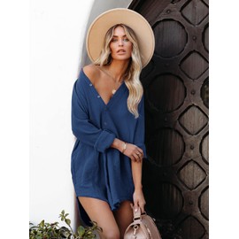 Paintcolors Women's Long Sleeve Button Down Tunic Dresses Beach Cover-ups Oversized Blouse Tops with Pockets-Navy Blue M