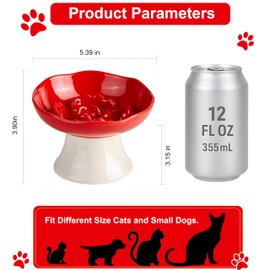 Ceramic Slow Feeder Bowl for Cats and Small Dogs, Elevated Tilted Pet Food Dish, Whisker Friendly Anti-Vomit Design, Heavy Stable Base, Dishwasher Safe， 5 Colors Options (Ruby Red)