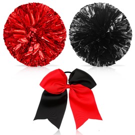 Set of 3 12 Inch Cheerleading Pom Poms and Large Cheerleader Ponytail Bow Holder for Girl Large Metallic Cheerleader Pom Poms for Sports Team Cheering (Red and Black)