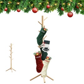 Profully Christmas Stocking Holder Stand, Wooden Christmas Hangers Stand for Hanging Christmas Stocking, 8 Hooks Natural
