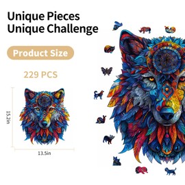 GLEAMUNO Wolf Totem Wooden Jigsaw Puzzles – 229 Pcs, 13.5" x 15.2", Unique Shapes, Wooden Gift Packaging, Natural Materials, Creative Gift, Wooden Puzzles for Adults and Kids, Family Game