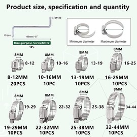 RZJZGZ 91Pcs Hose Clips Adjustable, Stainless Steel 8-44mm Range Hose Clamps Assorted Kit, Worm Drive Pipes Clips Hose Clamps Assortment with Screwdriver and Storage Case 8 Sizes Tube Clamps