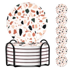 AmyFei Drink Coasters, Round Drink Coasters Sets of 6, Coasters for Coffee Table with Cork Base, Terrazzo Pattern(Warm Orange) Cup Coasters with Holder Suitable for Kinds of Cups, Home(4 Inches)