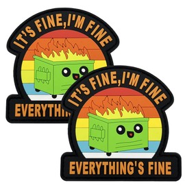 Bundle 2pcs PVC Dumpster Fire Patches, It's Fine I'm Fine Everything's Fine Emotional Support Hook Loop Patch, 2.95" x 2.95" Sized, Funny Meme Gag Comical Embroidery Morale Patches