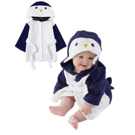 Boys Girls Dressing Gown Soft Cotton Bath Robe, Qiuck Dry Kids Hooded Bathrobe Towel Robe with Cute Animal Design, Blue Penguin 0-24 Months