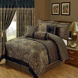 7 Piece Jacquard Gold Black Floral Comforter Set King Size Bedskirt, Beautiful Embroidered Geometric Pattern Royal Dramatic Theme Rich Luxury Bedding Elegant Comfortable Warm Soft Cozy Comfy Bed Decor
