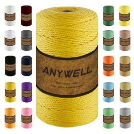 ANYWELL Yellow Macrame Cord 3mm x 218 Yards, Corde Macramé, Colored Macrame Rope, Cotton Cord, Handmade Soft 4-Strand Twisted Cotton Rope, Wall Hanging, Plant Hanger, DIY Craft Making, Knitting
