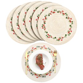 Buryeah 12 Set Christmas Round Placemats Washable 15 Inch Woven Placemats Embroidered Applique Place Mats Christmas Decorations for Winter Holiday Kitchen Dining Table (Berry)