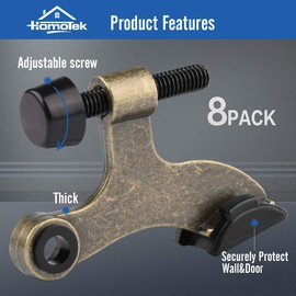 HOMOTEK 8 Pack Hinge Pin Antique Brass Door Stopper,Adjustable Deluxe Heavy Duty Door Stopper 2-1/2"x1-3/4”,with Black Rubber Bumper Tips