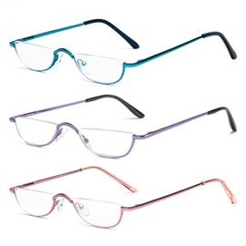 DXYXYO Small Half Frame Reading Glasses for Women 2.5+, 3 Pack Half Moon Metal Readers with Spring Hinge, Purple Blue Pink