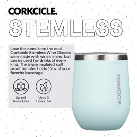 Corkcicle Stemless Insulated Wine Glass Tumbler, Gloss Powder Blue, 12 oz – Stainless Steel Stemless Wine Glass Keeps Beverages Cold for 6 Hours, Hot for 3 Hours – Non-Slip, Easy-Grip