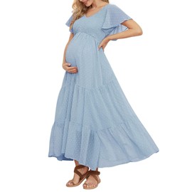Swiss Dot Smocked Maternity Dress for Baby Shower Photoshoot Casual V Neck Ruffle Sleeve Empire Waist Tiered Boho Dress Light Blue
