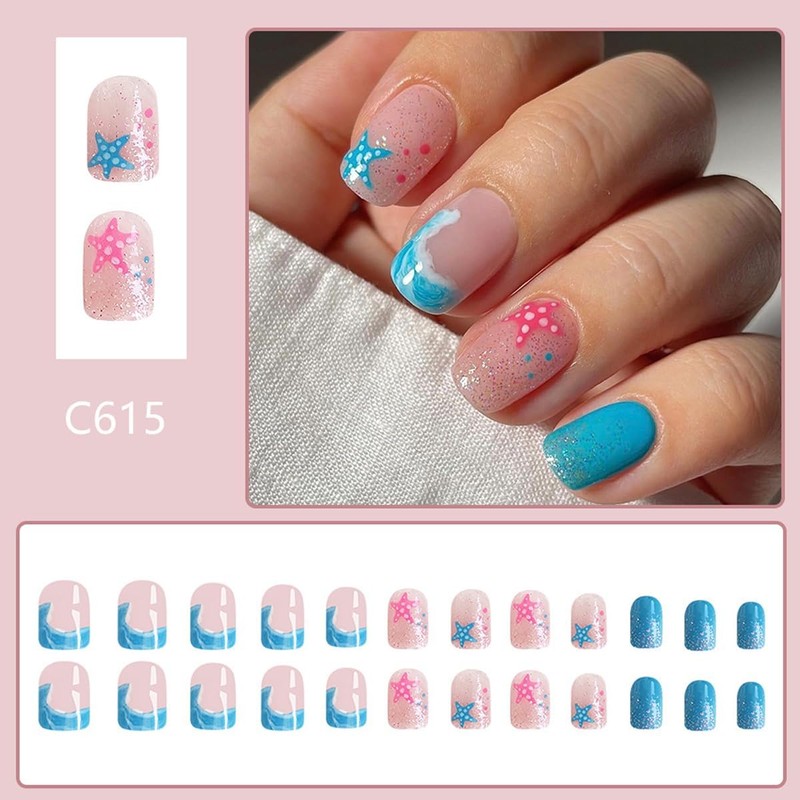 False Nails Summer 24Pcs Short Square Press on Nails with