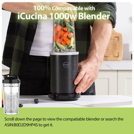 ICUCINA Replacement Blender Cup with To Go Lids, BPA-Free, Compatible 1000w Blender for Smoothies and Protein Drinks, Pack of 2, Black