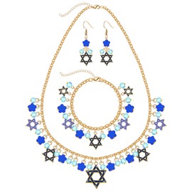 Hanukkah Earrings Bracelets Necklace Glitter Star of David Earrings Blue Pearl Beads Star of David Charms Bracelet Necklace Jewelry Set for Women Jewish Festival of Lights Chanukah Jewelry Accessory (hanukkah jewlery set A)