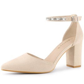 Allegra K Women's Pointed Toe Rhinestone Ankle Strap Beige Chunky Heels Pumps - 8.5 M US