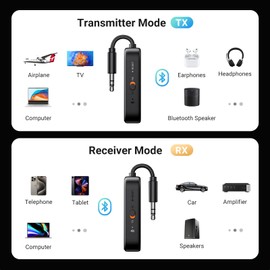 UGREEN Bluetooth 5.2 Transmitter Receiver, 28H Long Playtime, Dual Connection, 10m Range, Mic for Calls, 2-in-1 Wireless Aux Bluetooth Adapter for TV, Airplane, Headphone, Airpods, Speaker, Car