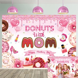 Happy Mother's Day Backdrop Donuts with MOM Sprinkle I Iove MOM Decoration Backdrop Mother's Day Banner Backdrops Party Supplies 6x4ft
