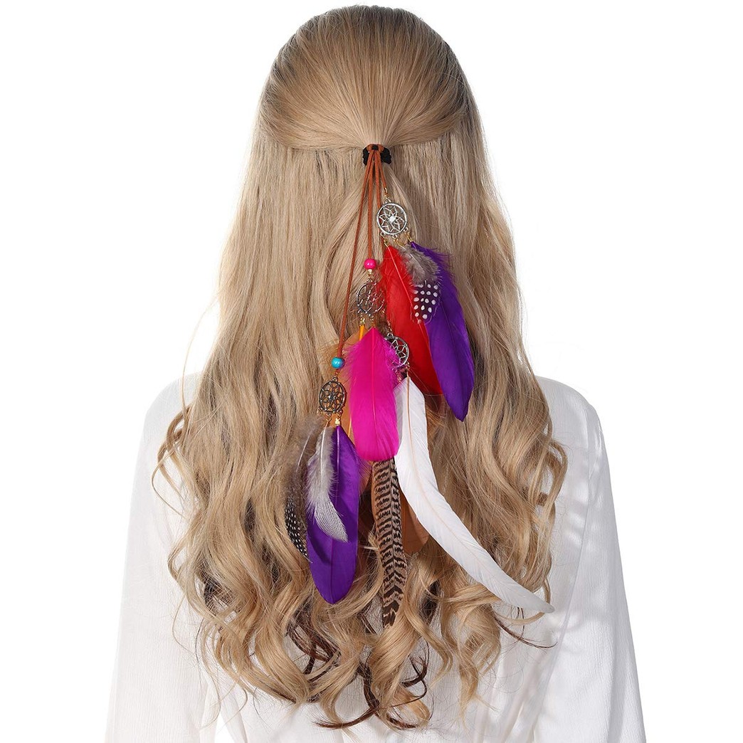 Hippie Feather Hair Extension Hair Clip Bohemian Feather Headband Hair Ties for Women Festival Headdress Feather Headwear (Purple + rRose red)
