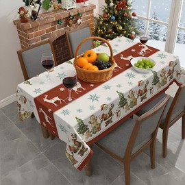 Halibutfly Christmas Tablecloth Vinyl Waterproof Oil-Proof Table Cover, Santa Claus Snowflake Holiday Dining Table Protector for Kitchen, Christmas Party & Home Decoration (Reindeer 55×70Inches)