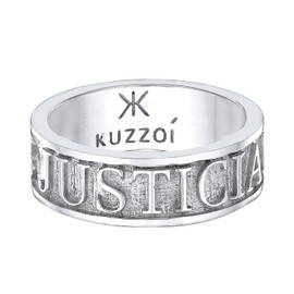 Kuzzoi 0607821522 Men's Band Ring Solid (8 mm) in 925 Sterling Silver, Wide Silver Ring with Lettering Justicia Veritas, Ring for Men in Ring Size 60 - 66