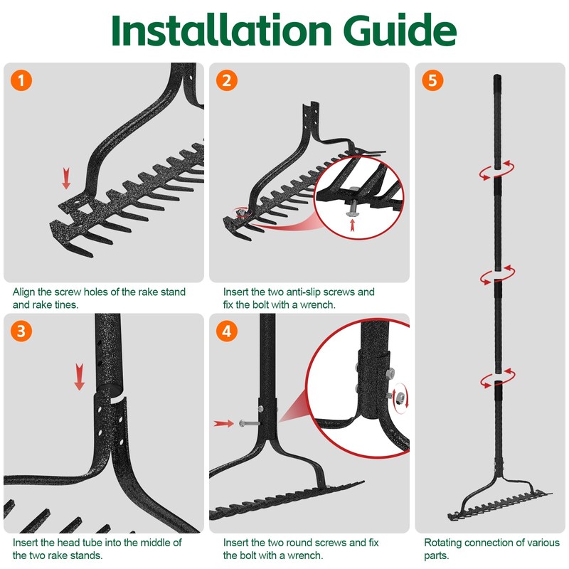 Bow Rake, 63" Adjustable Long Handle Lawn Leveling Garden Rake