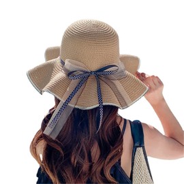 Lhyxuuuk Folding Hat, UV Protection, UV Protection, Straw Hat, Polka Dot Pattern, Ribbon, Cute, Women's Straw Hat, Popular, Actress Hat, Portable, For The Sea, Leisure, Swimming, Khaki