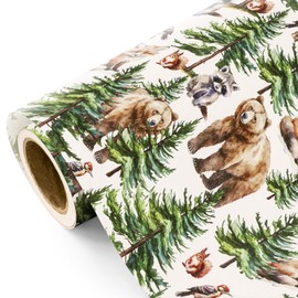 WRAPAHOLIC Kraft Christmas Wrapping Paper - Mini Roll - 17 Inch x 33 Feet - White Wild Animal Winterfall Watercolor and Christmas Tree Wrapping Paper Perfect for Holiday, Party