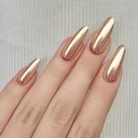 Long Press on Nails Chrome Gold Almond Fake Nails,Chrome Powder Glazed Acrylic Nails, Shiny Glossy Gel False Nails Kits Salon Quality Stick Glue on Nails Tip 24 Pcs