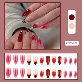 Long Press on Nails Almond Fake Nails Red False Nails French Artificial Nails with Flowers and Leopard Designs FloralStick on Nails for Women 24pcs