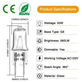 Lacnooe G8 Halogen Light Bulbs 50W 120V G8 Base 2Pin Dimmable Xenon Bulb T4 JCD Type Warm White 2700K for Kitchen Hood, Landscape Lights, Desk and Floor Lamps, Wall Sconces (10 Pack)
