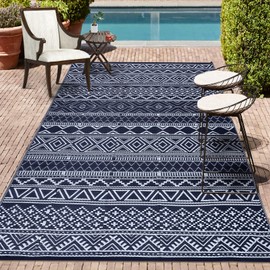 GarveeLife Waterproof Outdoor Rug 8x10 Plastic Straw Reversible Rug Large Modern Geometric Floor Mat for Outdoors, UV Resistant Foldable Portable Carpet for RV, Deck, Picnic, Beach, Navy/White