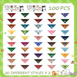 Sweetude 100 Pcs Plaid Dog Bandanas Bulk Cute Dog Scarf Bibs Puppy Pet Bandanas with Captions Adjustable Dog Cat Outfit Washable Triangle Scarf Kerchief for Small to Medium Girl Boy Dogs (Classic)