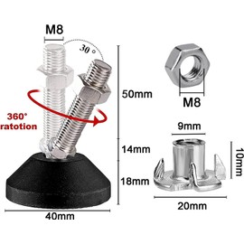 DQZE Set of 8 Adjustable Feet M8 x 50 mm, Adjustable Feet with Rubber Foot Part, Adjusting Screw Adjustment Plate Can 450 kg, 30° Tilt Adjustment, Adjustable Foot M8 for Table Legs, Chair Legs,