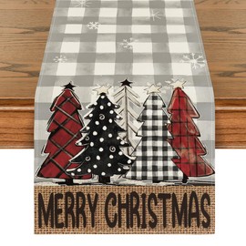 Artoid Mode Buffalo Plaid Xmas Trees Merry Christmas Table Runner, Seasonal Winter Holiday Kitchen Dining Table Decoration for Home Party Decor 13x72 Inch