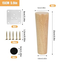KINDPMA Pack of 4 15 cm Furniture Feet, Wooden Furniture Legs, Oak Conical Legs for Furniture, Table Legs, Cone, Cabinet Feet with Mounting Plate, Screws, Wooden Feet for Couch Cabinet Bed Table Chest