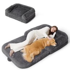 Bedsure Foldable Human Dog Bed - 2 in 1 Flexible Giant Human Dog Bed for Adult People with Supportive Bolster Egg Foam, Waterproof Liner, Calming Fluffy Faux Fur Orthopedic Big Bean Bed, Dark Grey