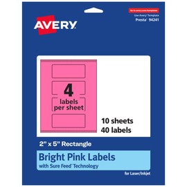 Avery Printable Rectangle Labels with Sure Feed Technology, 2" x 5", Bright Pink Labels, Print-to-The-Edge, Laser/Inkjet, 40 Total, Great for Candle Labels and Ingredient Labels