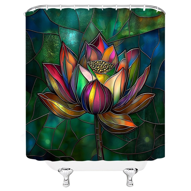 Vintage Stained Glass Shower Curtain for Bathroom,70x70 Inch,with Hooks