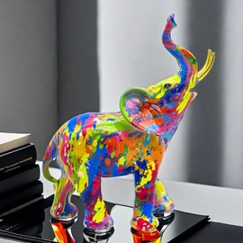 Colorful Elephant Statue Sculpture Figurine for Home, Office, Living Room, Desktop Decoration, Garden Outdoor Decor (Large)