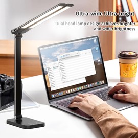 GcSige Dual Head Desk Lamp with USB Charging Port, 100 Light Beads Swing Arm Architect Table Lamp Light Desk Lamp for Home Office Dorm Piano Nail, 1500lm 24W Extra Bright Lighting,Black