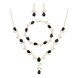 EVER FAITH Prom Party Jewelry Set for Bride Bridesmaid, Black Teardrop Cubic Zirconia Gold Plated Leaf Vine Bridal Necklace Dangle Earrings Bracelet for Women